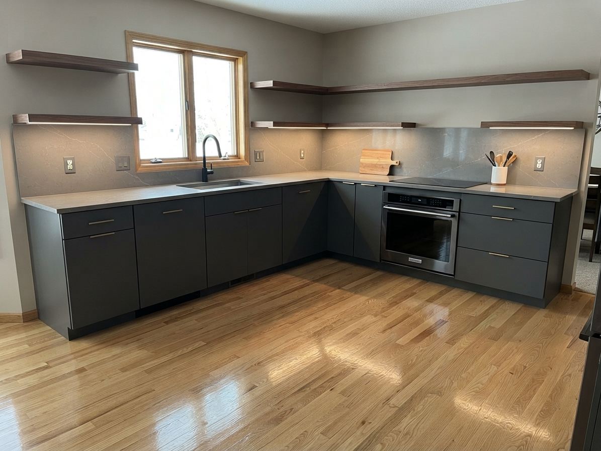 Light hardwood floor running through a modern kitchen