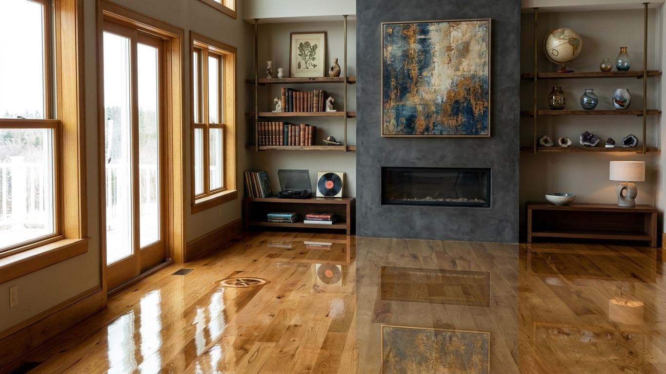 Hardwood floor finished to a satin sheen in a bright living room